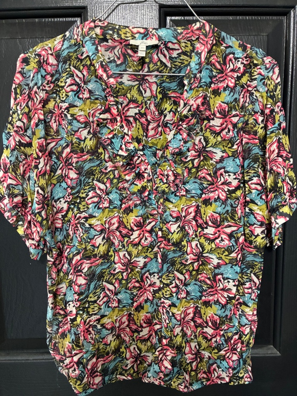 Joie Floral V-Neck Short Sleeve Silk Top - Pink Multi Size XS